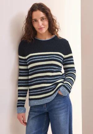 Cecil Damen Gestreifter Mouliné Pullover in Blau, Gr: XL