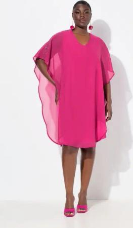 Ulla Popken Cocktailkleid Chiffonkleid doppellagig V-Ausschnitt 3/4-Arm