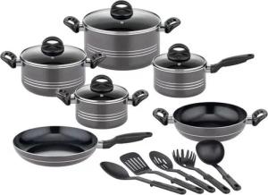GSW Topf-Set Milano Nero, Aluminium (Set, 15-tlg., je 1 Kochtopf 16/20/2 cm, 1 Stielkasserolle 16cm, je 1 Pfanne 24/28cm), Induktion, inkl. 5-teiliges Küchenhelfer-Set
