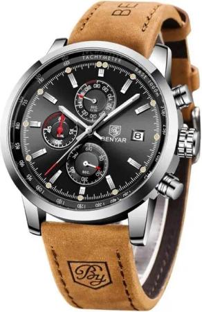 BY BENYAR Geschenk für männer Zifferblatt Business Military Sport Watch, mit Leder Armband 30m Wasserdicht Elegantes Chronograph Quartz