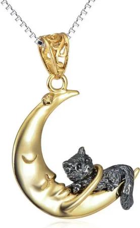 Schmuck-Elfe Kette mit Anhänger Mond mit kleiner Katze, 925 Sterling Silber vergoldet