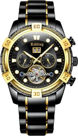 Rötting Design Automatikuhr Herrenuhr Datum Wochentag Monat schwarzes Design, Armbandumfang 18 bis 24 cm wählbar