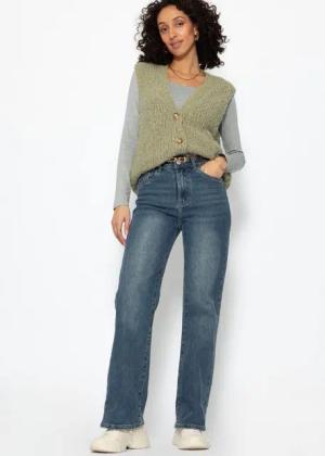 SASSYCLASSY 5-Pocket-Jeans Straight Fit Jeans Damen Mittelblau Greige