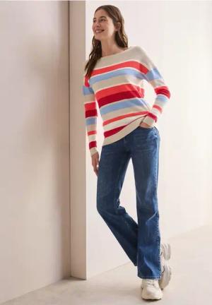 Cecil Damen Gestreifter Strukturpullover in Beige, Gr: M