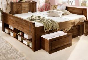 Home affaire Massivholzbett "Tessin, Stauraumbett, Landhausstil, Schubladen optional, rustikal", (Breite/Belastbarkeit 180cm/220 KG, 140cm/180 KG), zertifizierte Kiefer, Kassetten-Optik, stabile Qualität