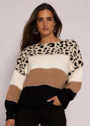 SASSYCLASSY Strickpullover Oversize Pullover Damen mit Leo-Print Strickpullover aus Grobstrick mit Streifen und Animalprint Gr. 36-42
