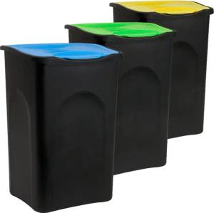 Mülleimer mit Deckel 3er-Set Kunststoff Blau/Grün/Gelb 50L