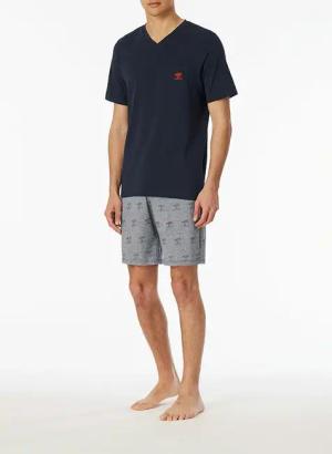 Schiesser Herren Pyjama blau Jersey-Baumwolle unifarben