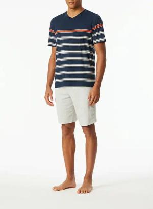 Schiesser Herren Pyjama blau Jersey-Baumwolle unifarben