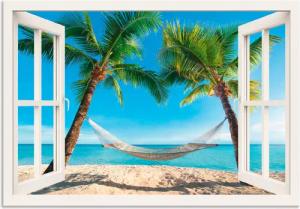 Artland Wandbild "Fensterblick Palmenstrand Karibik", Amerika, (1 St.), als Alubild, Outdoorbild, Leinwandbild, Poster, Wandaufkleber