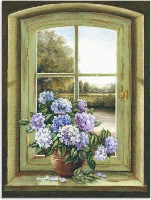 Artland Wandbild "Hortensien am Fenster", Arrangements, (1 St.), als Alubild, Outdoorbild, Leinwandbild, Poster, Wandaufkleber