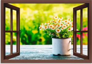 Artland Wandbild "Fensterblick Garten mit Gänseblümchen", Blumen, (1 St.), als Alubild, Outdoorbild, Leinwandbild in verschied. Größen