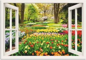 Artland Wandbild "Fensterblick Tulpen Garten Frühling", Fensterblick, (1 St.), als Alubild, Outdoorbild, Leinwandbild, Poster, Wandaufkleber