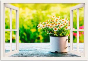 Artland Wandbild "Fensterblick Garten mit Gänseblümchen", Blumen, (1 St.), als Alubild, Outdoorbild, Leinwandbild, Wandaufkleber, versch. Größen