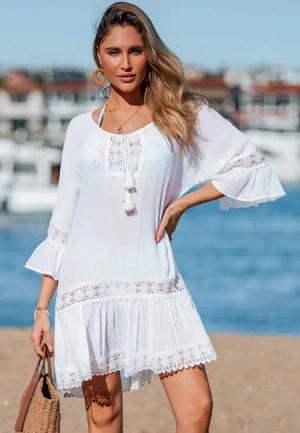 Weißes Mini-Strandkleid mit Kontrastspitze