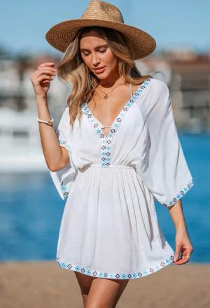 Weißes Mini-Strandkleid mit Halbärmeln und elastischer Taille