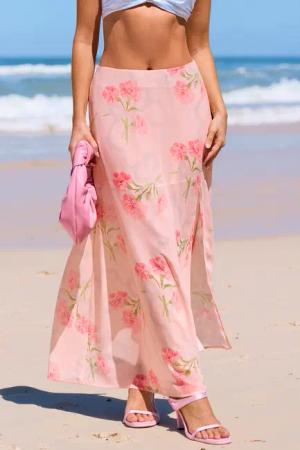 Rosa floraler Maxi-Sarong mit Seitenschlitz