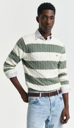 Gant Rundhalspullover "STRIPED COTTON CABLE C-NECK", besticht durch ein durchgehendes Streifenmuster in Zopfstrickstruktur