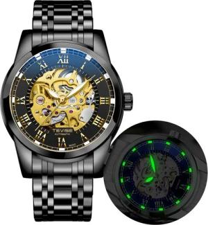 ZEUOPQ Mechanische Uhr Quarzuhr Automatische Armbanduhr römische Zahl Herren Skelett, (3D-Skelett-Design, schwarz, Edelstahl, 30 m wasserdicht, Nachtlicht, 1-tlg), Dreidimensionales Felgendesign Fashion, Wasserdicht & Kratzfest