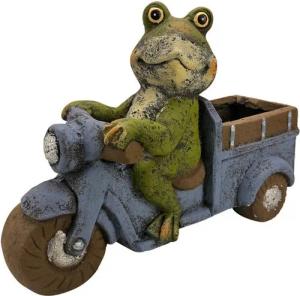 Online-Fuchs Gartenfigur Frosch mit Motorrad und Blumentopf für draußen geeignet - Deko, wetterfest