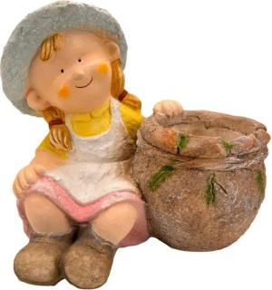 Online-Fuchs Gartenfigur süßes Mädchen mit Blumentopf für draußen geeignet - Deko, wetterfest