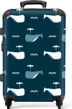 NoBoringSuitcases.com© Kinderkoffer Wale - Meerestiere - Blau - Muster 67 cm - 72 L, 4 Rollen, Mittelgroßer Reisetasche mit Rollen für 20kg, Kinderkoffer