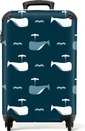 NoBoringSuitcases.com© Kinderkoffer Wale - Meerestiere - Blau - Muster 55x35x20cm, 4 Rollen, Kinder Koffer Klein, Trolley Handgepäck, Reisekoffer