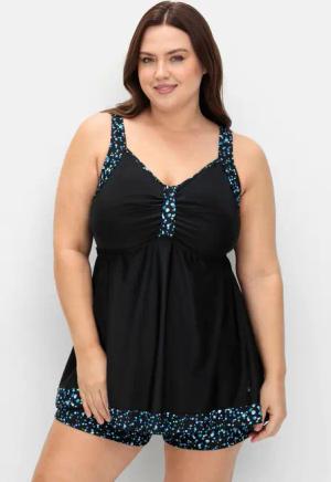 Tankini-Top in Longform, mit Pünktchenprint, schwarz gemustert, Gr.46C