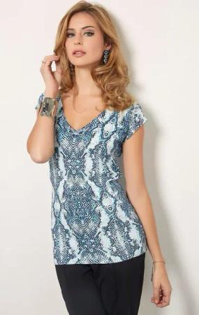Passioni Sweater Sommer Pulli mit aquablauem und schwarzem Schlangenmuster