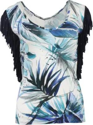 Passioni T-Shirt T-Shirt mit tropischem Blumenblattdruck und Fransen