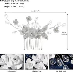 ZEUOPQ Diadem Braut Hochzeit Haarkamm, Silber Blume Braut Kopfschmuck (Brautschmuck Set, 1-tlg., Haarkamm mit Weißen Weichen Keramikblumen), Vielseitiges Hochzeitszubehör für Frauen und Mädchen