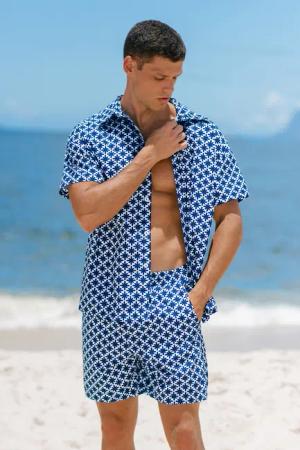 Herren-Kurzarmshirt mit blauem Blumenmuster