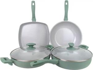 Michelino Pfannen-Set XL 6-teilig: Grillpfanne Wokpfanne Schmorpfanne Servierpfanne, Material: Gehärtete Aluminiumlegierung, für alle Herdarten auch Induktion