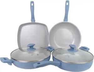 Michelino Pfannen-Set XL 6-teilig: Grillpfanne Wokpfanne Schmorpfanne Servierpfanne, Material: Gehärtete Aluminiumlegierung, für alle Herdarten auch Induktion