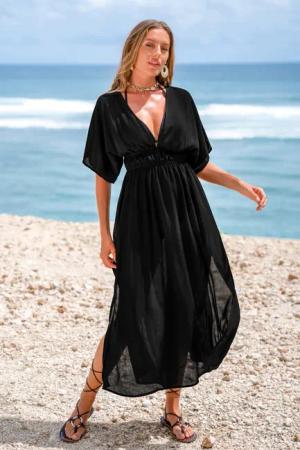 Schwarzes Maxi-Strandkleid mit geraffter Taille