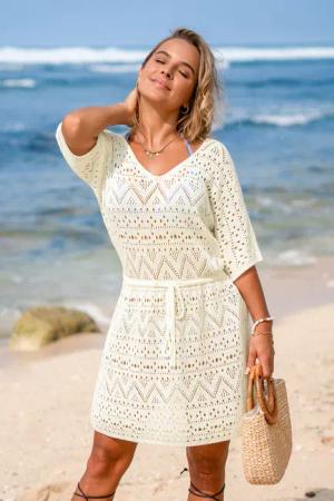 Cremefarbenes Mini-Strandkleid mit Taillenband