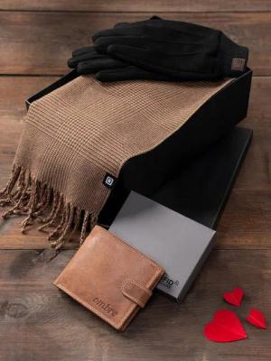 OMBRE Geldbörse Geschenkset für ihn - Handschuhe + Fransenschal + Ledergeldbörse