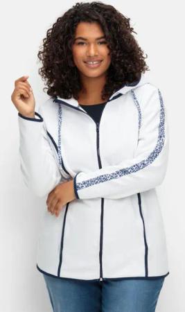 Sheego Fleecejacke mit Kapuze und Zierbändern, weiß-marine, Gr.44