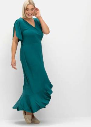 Sheego Langes Jerseykleid in Wickeloptik, mit Volantrock, petrol, Gr.58