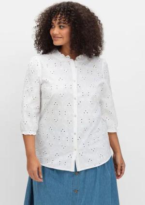 Sheego Bluse aus Lochspitze, mit Rüschen-Details, weiß, Gr.46