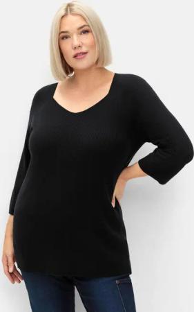 Sheego Pullover mit V-Ausschnitt, in Rippstruktur, schwarz, Gr.48/50