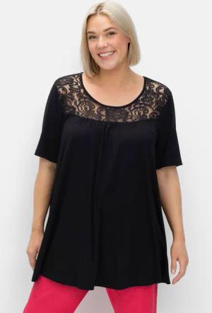 Sheego Longshirt mit Spitzenpasse, in A-Linie, schwarz, Gr.52/54