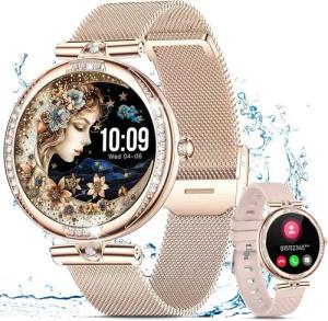 BRAIDOL Smartwatch,Fitness Tracker Uhr für Damen mit Anruffunktion Smartwatch (1,19" extra HD AMOLED-Full-Touch-Farbbildschirm Zoll) Diamant Damen Stahl Smartwatch,390 * 390 High-Definition-Auflösung, IP68 Wasserdicht Fitness Tracker SmartWatch,2 Austausc