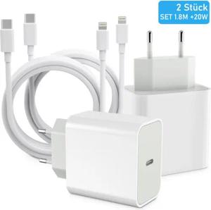 BRAIDOL Ladeset 20W Schnellladegerät USB-C Lightningkabel passt für iPhone USB-Ladegerät (2,22 mA, 2 Stück, 1.8m, USB-Ladegerät, 2-tlg., 2x Adapter 20 Watt + 2x Ladekabel USB-C auf Lightning, passt für iPhone 14 Pro Max 14 Plus 13 12 11 XR SE iPad)