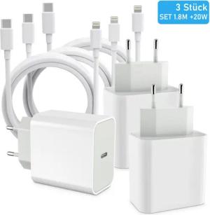 BRAIDOL Ladeset 20W Schnellladegerät USB-C Lightningkabel passt für iPhone USB-Ladegerät (2,22 mA, 3 Stück, 1.8m, USB-Ladegerät, 3-tlg., 3x Adapter 20 Watt + 3x Ladekabel USB-C auf Lightning, passt für iPhone 14 Pro Max 14 Plus 13 12 11 XR SE iPad)