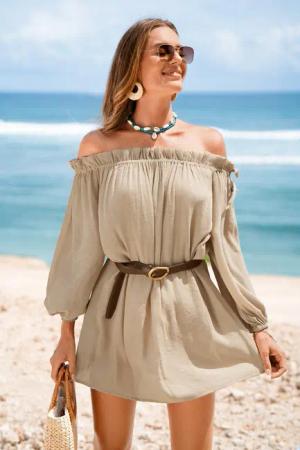 Beige Schulterfreies Mini-Strandkleid