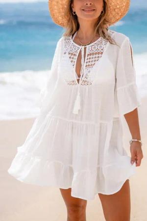 Weißes Mini-Strandkleid mit Quasten-Detail