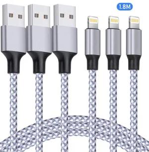 BRAIDOL Ladekabel passt für Apple iPhone, 3x Lightningkabel, 1.8m Nylon Kabel USB-Kabel, Lightning auf USB-A Kabel, passt für iPhone 8 11 12 13 14 X XS XR Pro Max Mini