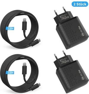 BRAIDOL Ladeset 25W Schnellladegerät USB-C Lightningkabel passt für iPhone USB-Ladegerät (2,22 mA, 2 Stück 1.8m, USB-Ladegerät, mit 25W Ladestecker, 2-tlg., 2x Adapter 25 Watt + 2x 1.8m Ladekabel USB-C auf Lightning, passt für iPhone 14 Pro Max 14 Plus 13