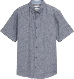 TOM TAILOR Herren Regular Fit Kurzarmhemd mit Leinenanteil im Pünktchen-Muster, blau, Gepunktet, Gr. L